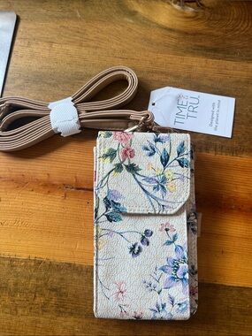 Time and Tru Cream Floral Crossbody Phone Case with Tan Strap